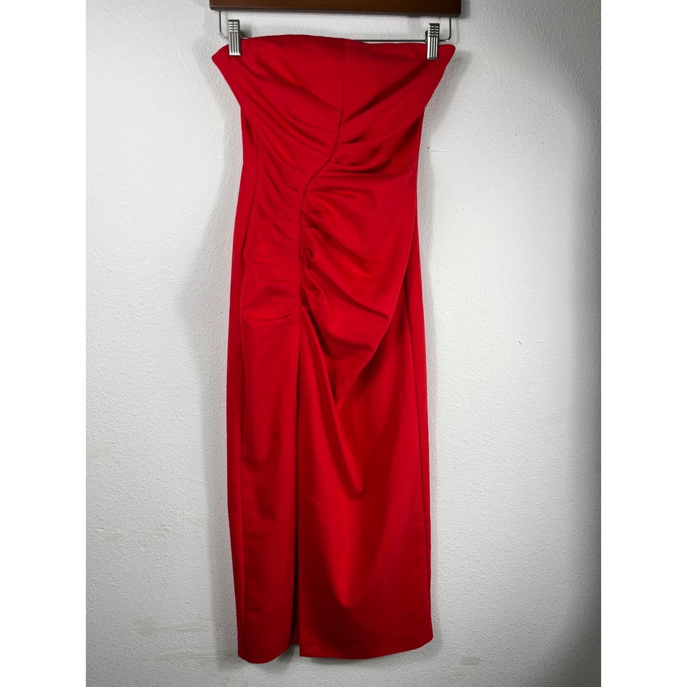 Zara Womens Strapless Midi Dress Red XS Ruched Bodycon Slit Cocktail Evening